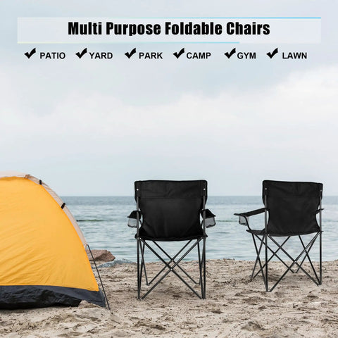 Foldable Camping Chairs For Adults, Set Of 2, on a beach, next to a tent, showing large portable lawn chairs in black