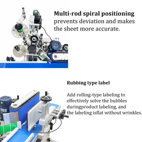 Close-up of Ready To Go Automatic Desktop Conveyor Round Bottle Labeler showcasing multi-rod positioning and rubbing label features.