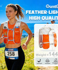Woman jogging wearing Women's Lightweight Hydration Running Vest For Jogging Hiking Marathon And Cycling With 6 Pocket Storage In Taro Purple Nylon Build Ultra Lightweight 144g Breathable Comfort And Quick Access Water Bottle Pocket
