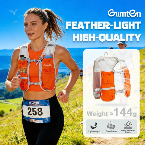 Woman jogging wearing Women's Lightweight Hydration Running Vest For Jogging Hiking Marathon And Cycling With 6 Pocket Storage In Taro Purple Nylon Build Ultra Lightweight 144g Breathable Comfort And Quick Access Water Bottle Pocket