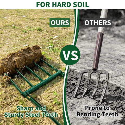 Comparison of Beefy Five Tine Broad Fork Garden Tool With Extra Long 11.8 Inch Tines against another tool for hard soil use