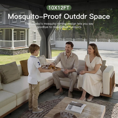 Heavy Duty Outdoor Gazebo for Patio 10x12 with Double Roofs and Metal Frame, shown installed with mosquito netting and privacy screen.