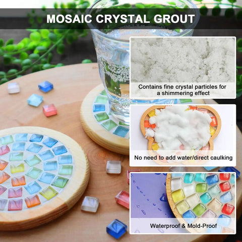 White Mosaic Crystal Grout 200G No Water Needed Direct Caulking For Mosaics Tile Tools Quick Dry Sealant product image showing grout and tiles.