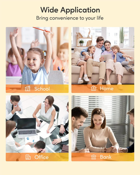 Images showing wide application of ink cartridges in school, home, office, and bank settings including children and adults.