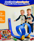 Kids enjoying 3 Lane Flexible Race Track For Kids With 15ft Bendable Ramp And Suction Cups, in a playroom setting