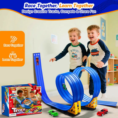 Kids enjoying 3 Lane Flexible Race Track For Kids With 15ft Bendable Ramp And Suction Cups, in a playroom setting