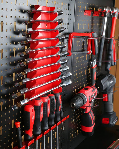 31.5 Inch Heavy Duty Workbench With Pegboard And Double Storage For Garage Workshop Multipurpose Tool Organizer showing tools hanging.