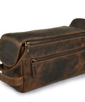 Top Shelf Genuine Buffalo Leather Toiletry Bag For Men And Women Brown Travel Organizer With Waterproof Inner Compartment side view