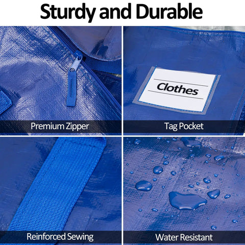 Close-up of waterproof storage bags showing premium zipper, tag pocket, reinforced sewing, water-resistant material.