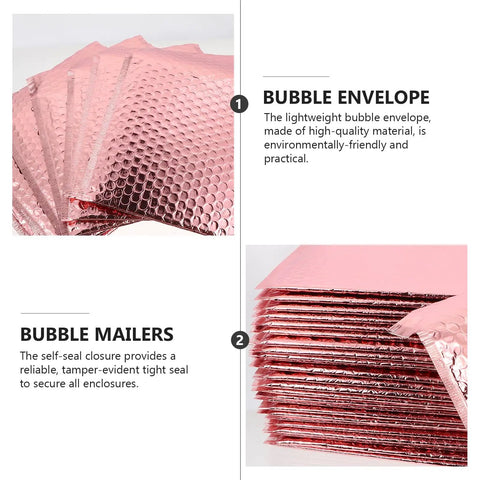 25 Pack Self Seal Bubble Mailer Envelopes 25x20cm Padded Cushion Mailing Bags visible, pink with bubble texture, stacked and fanned out.