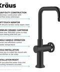 Urbix Industrial Single Handle Bar Kitchen Faucet In Matte Black With Diamond Textured Accents features and installation details
