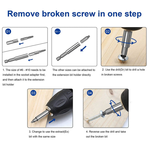 Damaged Screw Extractor Set 22 PC Stripped Kit For Broken Bolts And Screws HSS Remover Tool with Magnetic Extension, usage steps