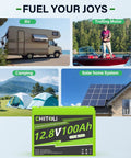 Collage showing RV, trolling motor, campsite with tents, solar home, and 12V 100Ah LiFePO4 Battery Group 24 with Built In 100A BMS.