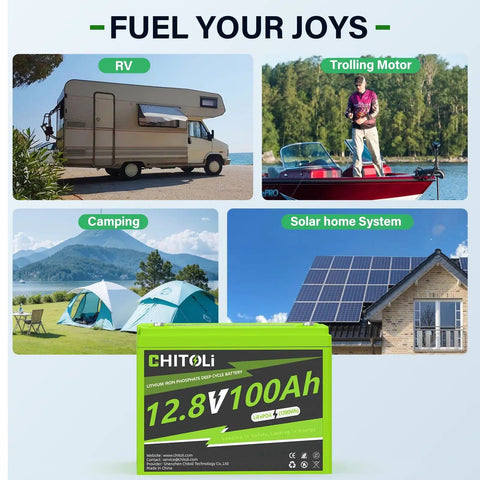 Collage showing RV, trolling motor, campsite with tents, solar home, and 12V 100Ah LiFePO4 Battery Group 24 with Built In 100A BMS.