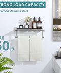 16 Inch Wall Mounted Towel Rack With Tower Bars in Brushed Nickel featuring two white towels and shelf with bathroom products.