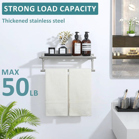 16 Inch Wall Mounted Towel Rack With Tower Bars in Brushed Nickel featuring two white towels and shelf with bathroom products.