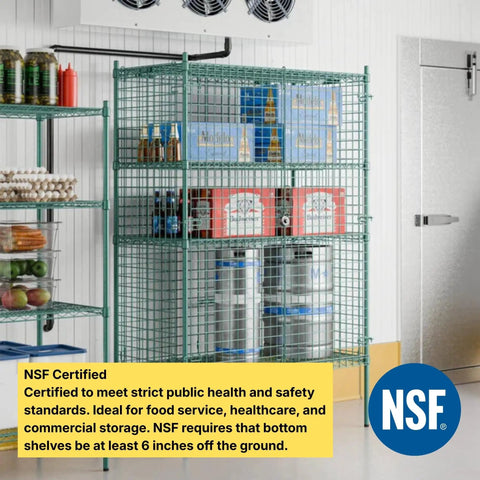 Built Tough Green Epoxy Wire Mesh Security Cage Kit With Heavy Duty NSF Listing For Commercial Walk Ins And Restaurants, 24 By 48 By 74 Inches with storage of beverages and food.