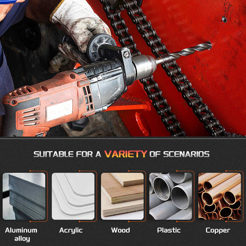 CoCud drill bit, 37/64 in diameter, 3/8 in reduced shank, HSS nitriding black, 118° angle, installed in a drill