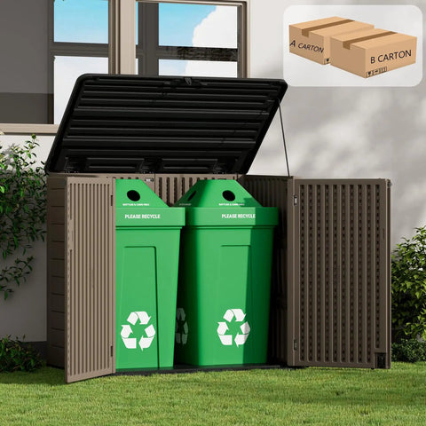 Spacious Outdoor Storage Shed Resin Cabinet With 48 Cu Ft Capacity For Patio Accessories Trash Cans And Garden Tools Durable Weather Resistant With Lockable Lid And Easy Access shown holding green recycle bins