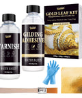 Vividye gold leaf gilding kit with varnish and adhesive bottles, 100 gold foil sheets, gloves, and brush.
