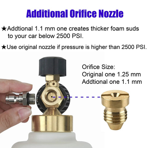 Close-up of Beast Foam Cannon with additional orifice nozzle, includes size details, part of car washing set.