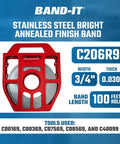 Heavy Duty Three Quarters Inch Stainless Steel Band Strap 0.030 Inch Thick, 201 Bright Annealed Finish, 100 Foot Roll In Red Tote