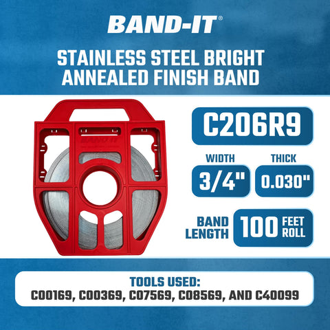 Heavy Duty Three Quarters Inch Stainless Steel Band Strap 0.030 Inch Thick, 201 Bright Annealed Finish, 100 Foot Roll In Red Tote