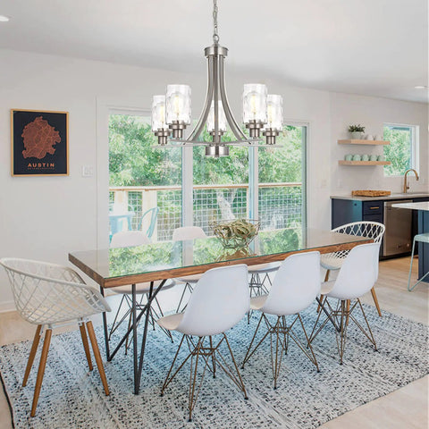 Five Light Modern Chandelier in Brushed Nickel Finish With Clear Hammered Glass Pendants Ready To Hang Ideal for Kitchen Island