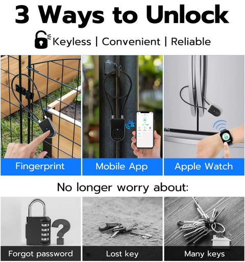 Fingerprint Cable Lock 14 Inch With Bluetooth Keyless Biometric Padlock For Gate Fence Locker Fridge Cabinet Pool And Bike