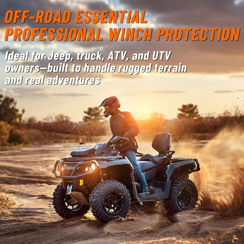 Person riding ATV with Rubber Winch Stopper for Cable for ATV UTV and Truck Protects Towing Hook and Synthetic Rope