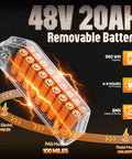 Transparent view of 48V 20Ah removable battery for high power 2500W peak electric fat bike, highlighting capacity and range features.