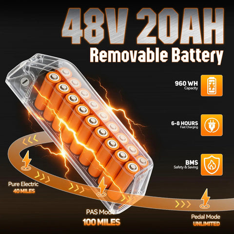 48V 20Ah removable battery for Powerful 2500W Peak Fat Tire Electric Bike with 100 mile range and keyless NFC unlock
