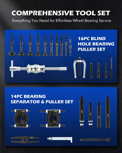 Diagram of a 30 Piece Bearing Puller And Housing Removal Set for cars, ATVs, and light trucks showing blind hole bearing puller and separator set.