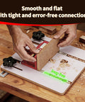 Router Table Box Joint Jig With Brass Indexing Keys Three Sizes 1/4, 3/8, 1/2 for precise finger joints in use on table saw.