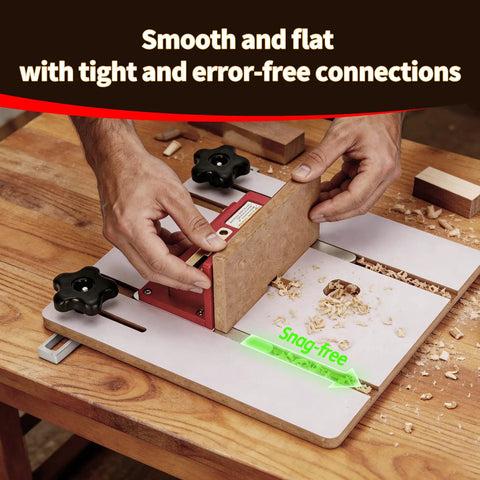 Router Table Box Joint Jig With Brass Indexing Keys Three Sizes 1/4, 3/8, 1/2 for precise finger joints in use on table saw.
