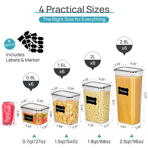 Stackable Airtight Food Storage Containers With Lids, 24-Piece Plastic Canister Set, BPA Free, Includes 24 Labels; sizes displayed