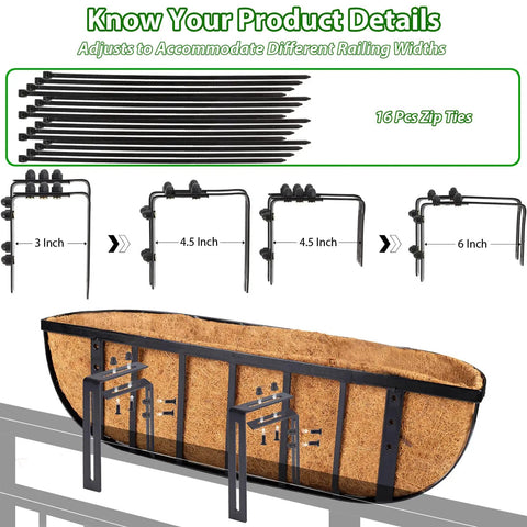 Adjustable 4 Pack 24 Inch Railing Planter Window Box with Coconut Coir Liner for easy install on metal fence hanging flower baskets.