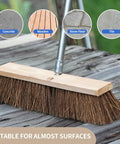 Heavy Duty 18 Inch Push Broom With Rock Solid Wooden Base And Extended Handle For Garage Sweeping And Driveway Cleanup with bristles on wooden surface.