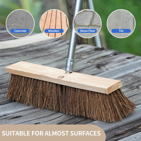 Heavy Duty 18 Inch Push Broom With Rock Solid Wooden Base And Extended Handle For Garage Sweeping And Driveway Cleanup with bristles on wooden surface.