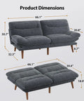 66 Inch Corduroy Futon Sofa Bed With Adjustable Backrest And Armrests in grey, shown in loveseat and sleeper mode with dimensions