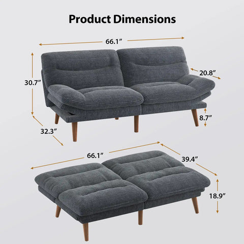 66 Inch Corduroy Futon Sofa Bed With Adjustable Backrest And Armrests in grey, shown in loveseat and sleeper mode with dimensions