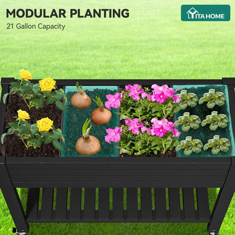 Elevated Garden Bed With Wheels And Storage Shelf For Outdoor Use Plastic Planter Box With Drain Plug Central Divider And Water Level Float System For Precise Moisture Control For Plants Vegetables Flowers And Herbs Black