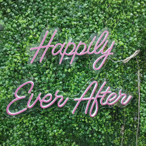 Pink Happily Ever After Neon Sign Wall Art Hangin Neon Light For Party Vibes Wedding Hashtag Decor Kid Bedroom Bar Home 12V DC Power Adapter Included For Easy Setup on green foliage background