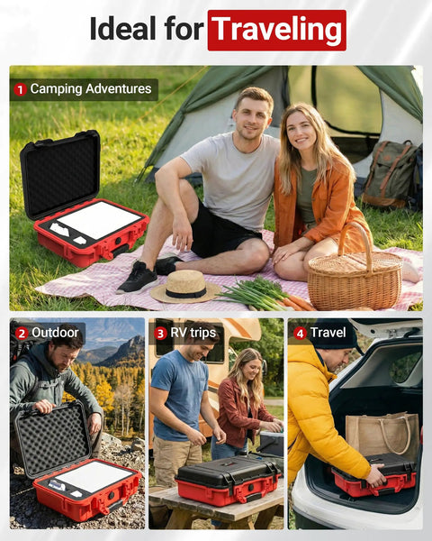 Road Trip Ready Waterproof Hard Case For Starlink Mini Kit used in various travel scenarios including camping, outdoors, and RV trips