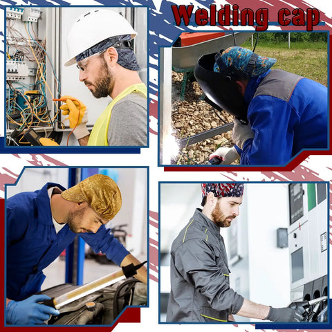 4 Pack Flame Resistant Welding Caps For Men And Women, cotton mesh sweat absorbing welding hats in use by professionals in various settings.