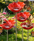 Metal Flower Garden Stake With Bird Bath Bowl For Outdoor Pollinator Watering Station For Garden Yard Hummingbird Fountain Butterfly Bee Water Feeder Decorative Yard Art Gift Four Pack with red flower design.