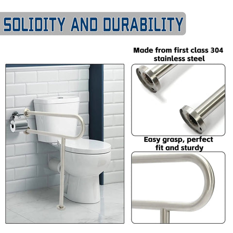 24 Inch Handicap Grab Bars For Bathroom Stainless Steel 304 Wall Mount And Floor Support Handrails by toilet with close-up details.