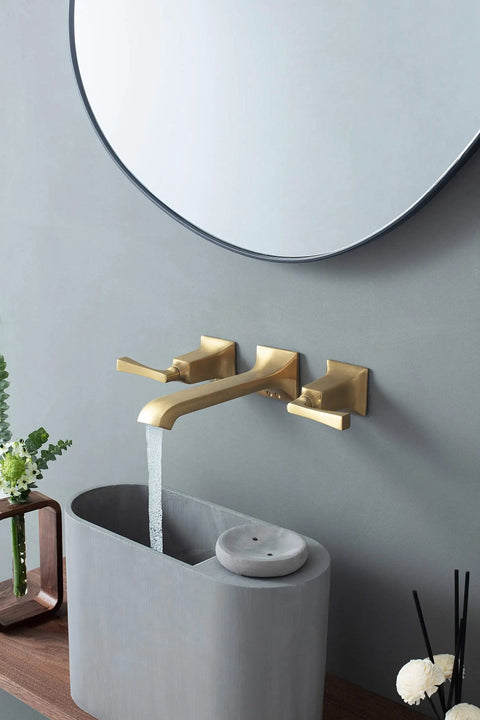 Heavy Duty Bathroom Wall Faucet Built With Solid Brass, Wall Mount Design With Metal Lever Handles, Brushed Gold Finish