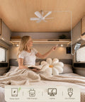 Kicking Airflow 18 Inch Usb Ceiling Fan With Remote Control And 6 Speed Settings Featuring Max Wind And Sleep Mode Plus Timer in RV bedroom.