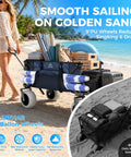 Rugged Beach Ready Wagon With 9 Inch Sand Proof Wheels, loaded with beach gear on a sunny shore, easy hauling for surfboards and tents